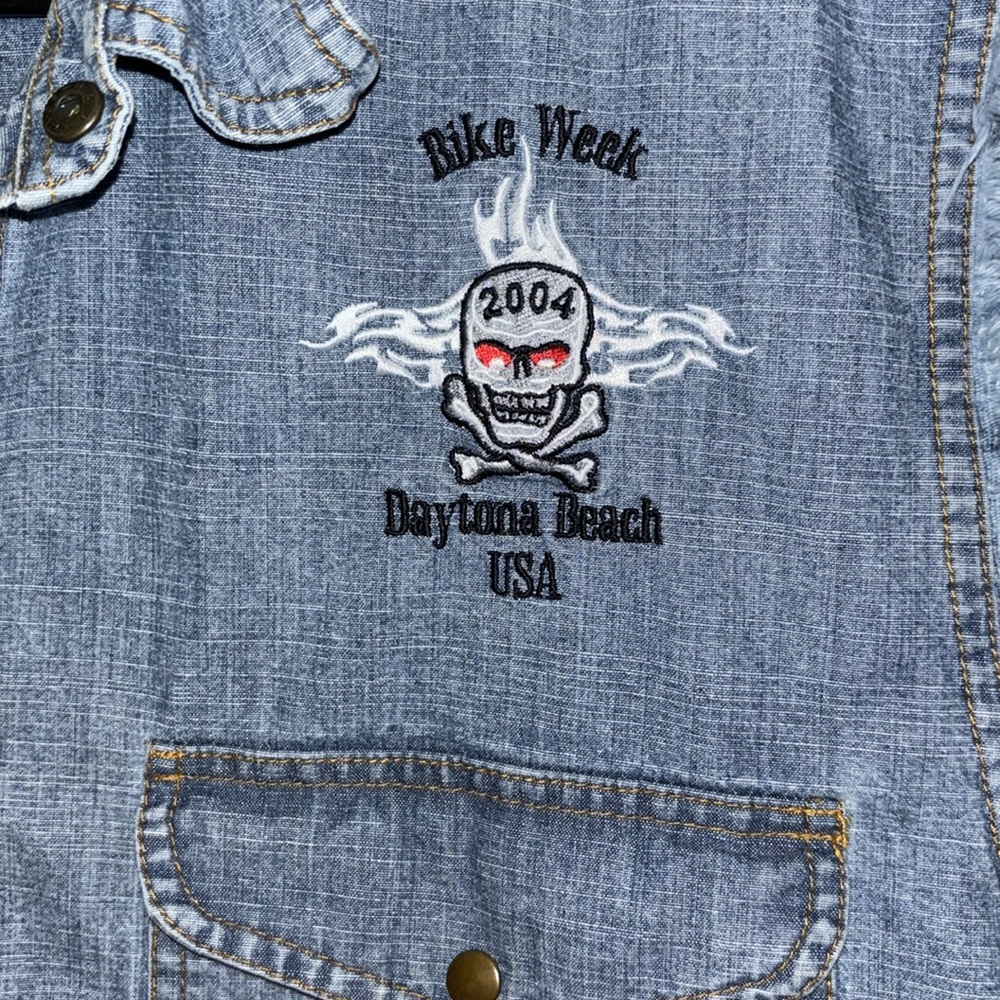 Vintage commemorative Bike Week denim biker’s vest from Biker Design. Sz XL.